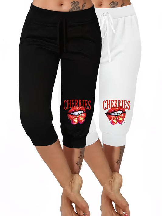 cherries  Mid-Length Printed Pants 2pcs Set