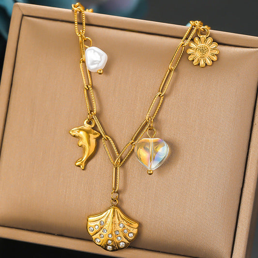 Retro Diamonds Scallop Gold-Plated Dolphin Necklace