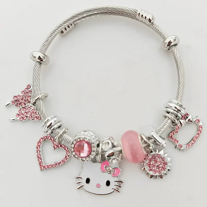Hello Kitty Hollow Heart Butterfly Enamel Pendant Bracelet