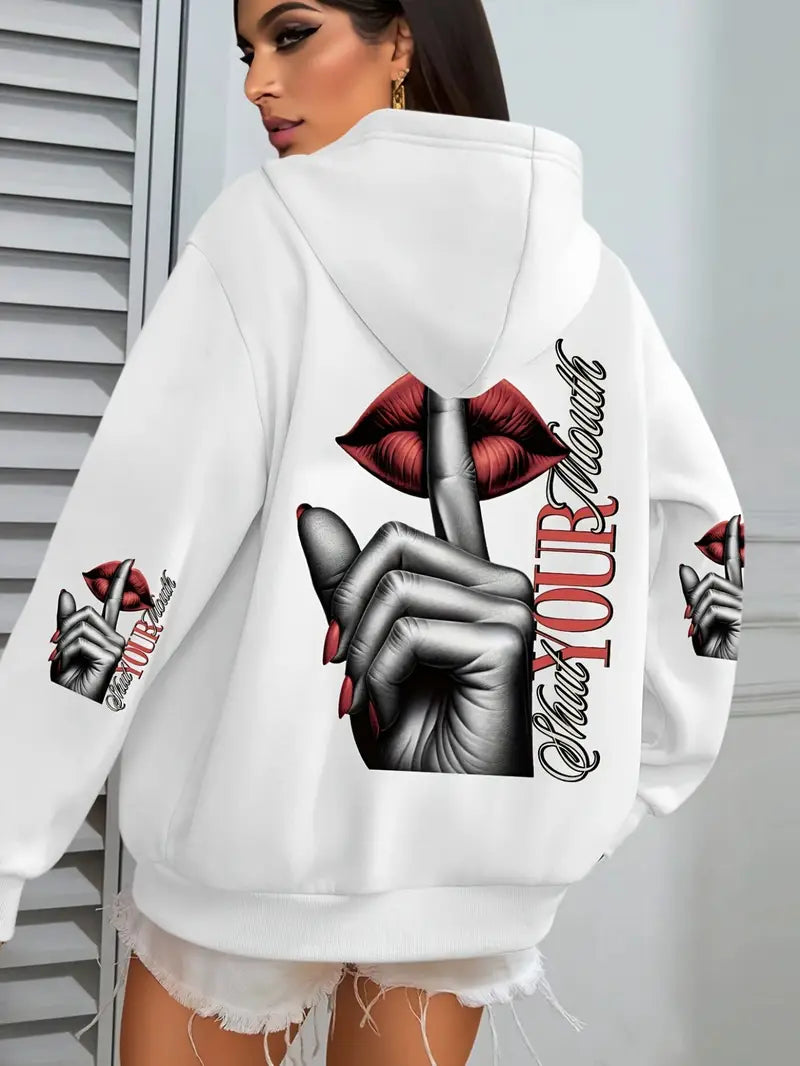 Women'S Casual Elegant Hoodie with Stylish Lip Print
