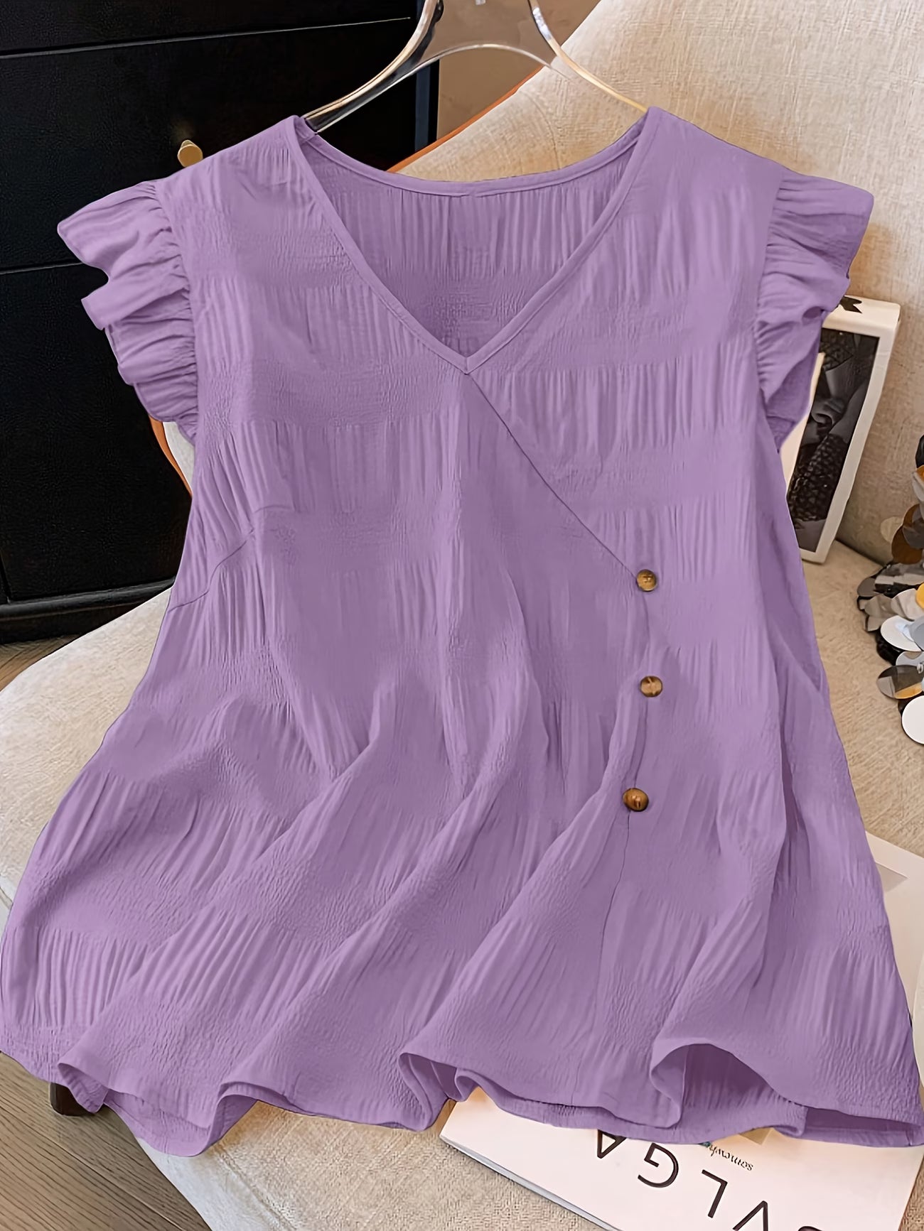Women's Plus Size Frill Sleeve Button-Detail T-Shirt