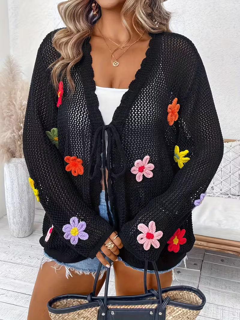 Women'S Fashion Black Hollow Cardigan