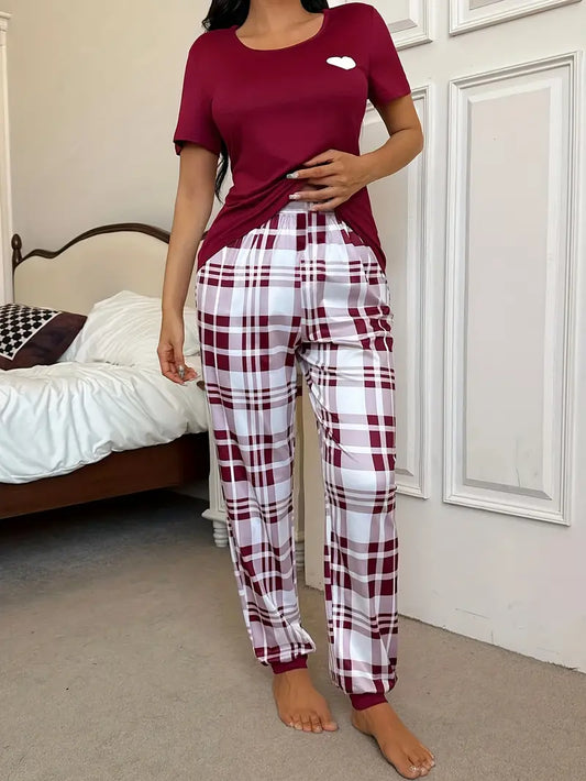 2pcs Women's Burgundy & White Plaid Pajama Set