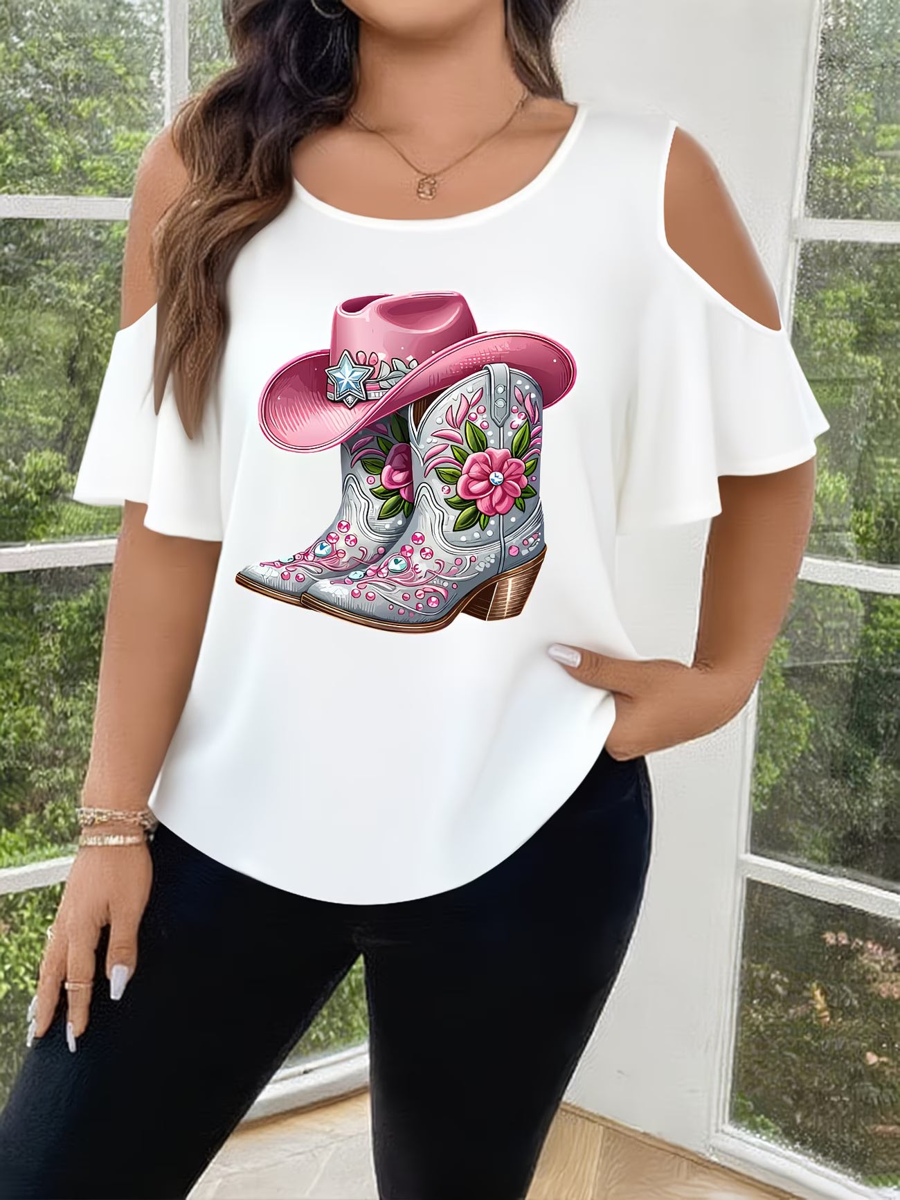 Off-Shoulder Batwing Sleeve Short Sleeve cowboy print top