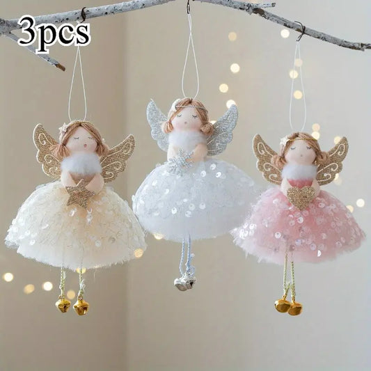 3pcs Enchanting Angel Girl Pendants with Sequined Skirts & Golden Wings