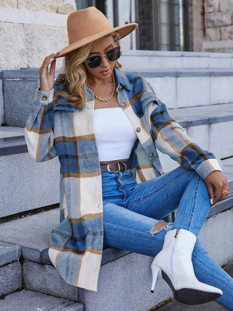 Women'S Casual Plaid Lapel Long Sleeve Jacket
