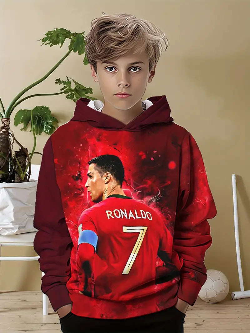 Boys' Trendy Soccer Star Print Hoodie