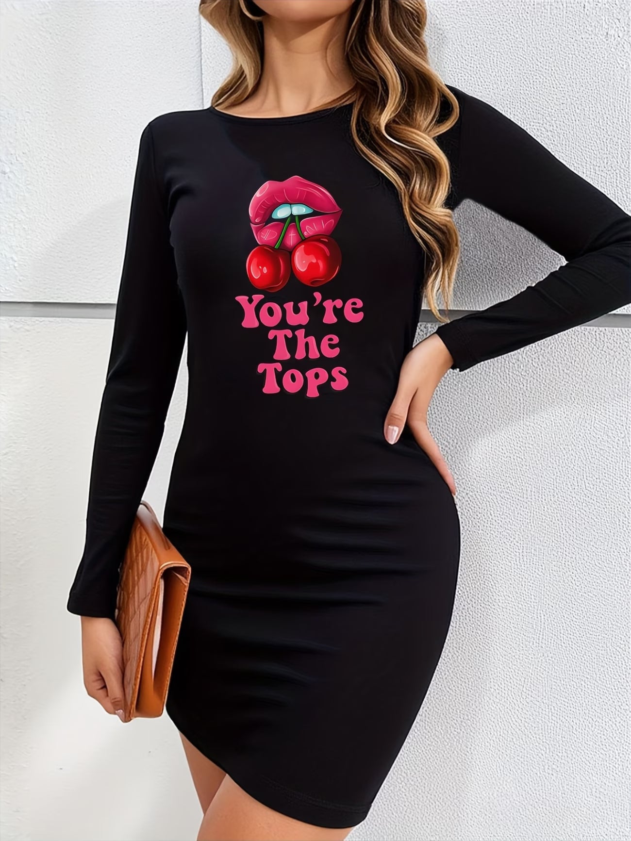 Women'S Dress with Red Lip Cherry Print
