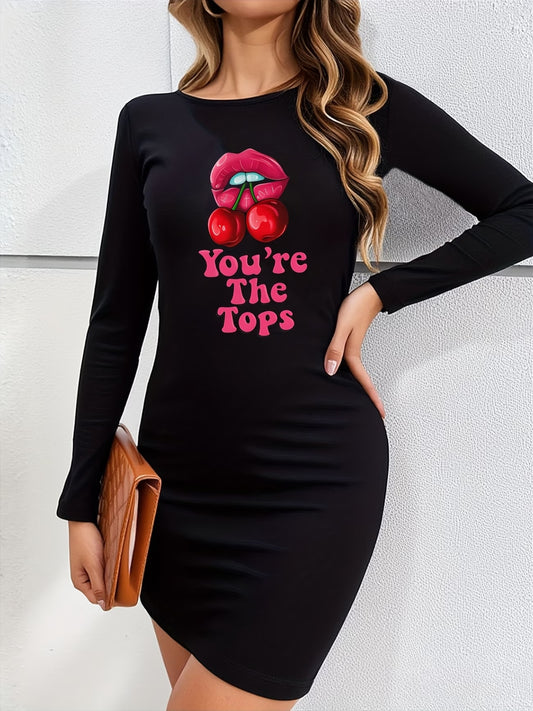 Women'S Dress with Red Lip Cherry Print