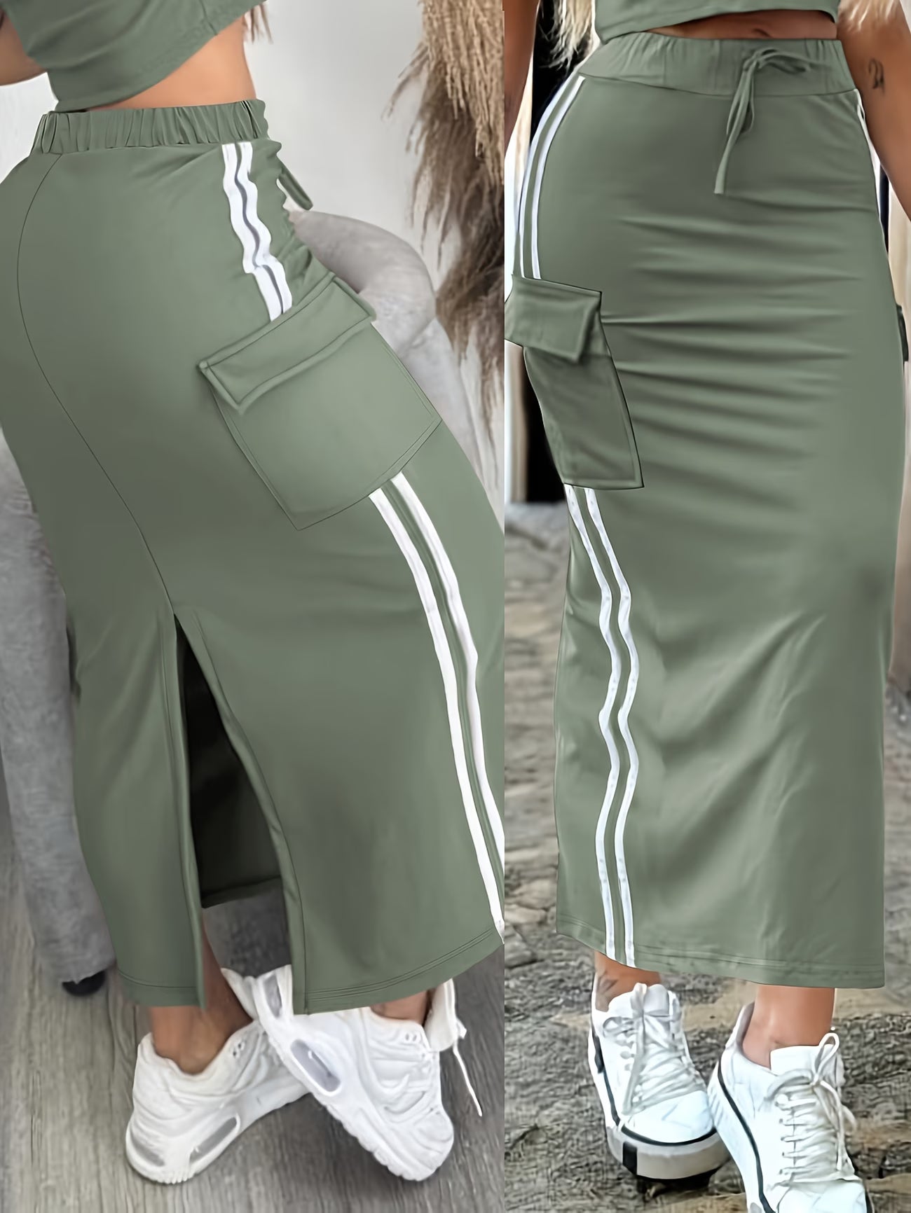 Casual Side Stripe Back Split Skirt