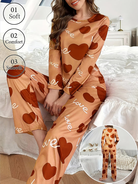 Women'S Heart and Slogan Print Long Sleeve Pajama Set