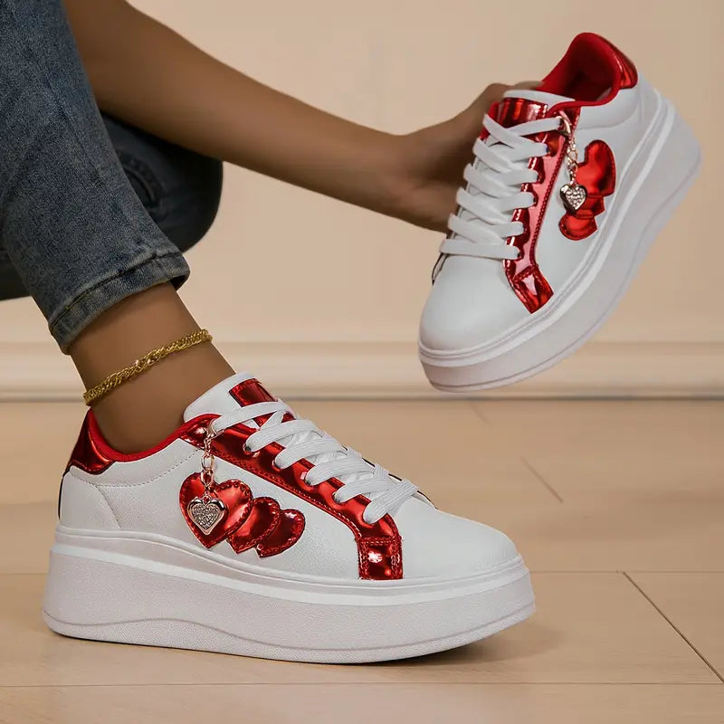 New Women'S White Sneakers with Red Heart Buckles