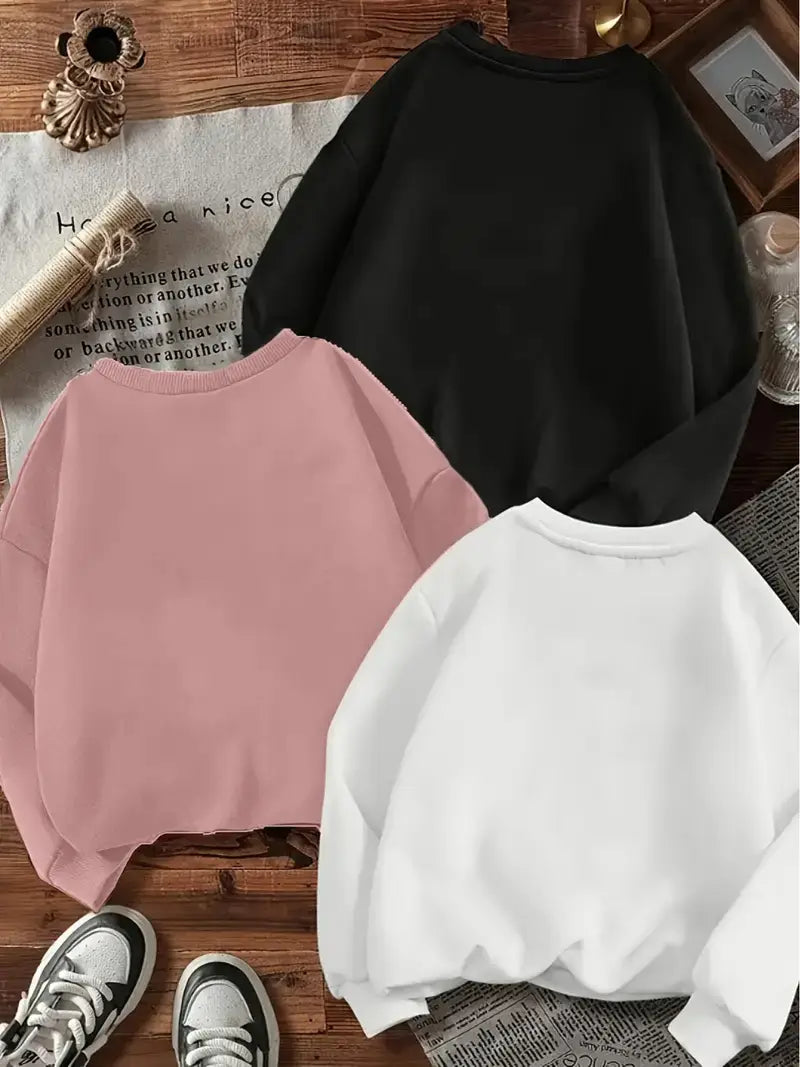 3pcs Heart Print Pullover Sweatshirt,