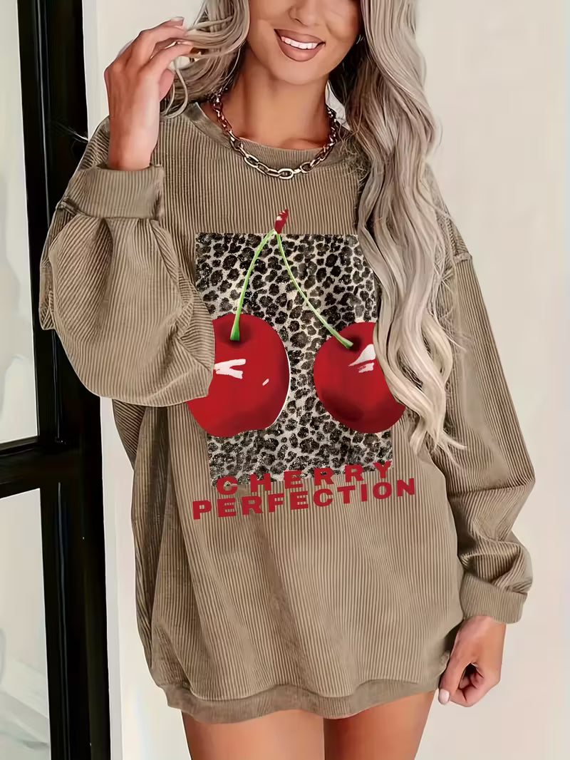 Women's Casual Corduroy Sweatshirt with Leopard & Cherry Print -