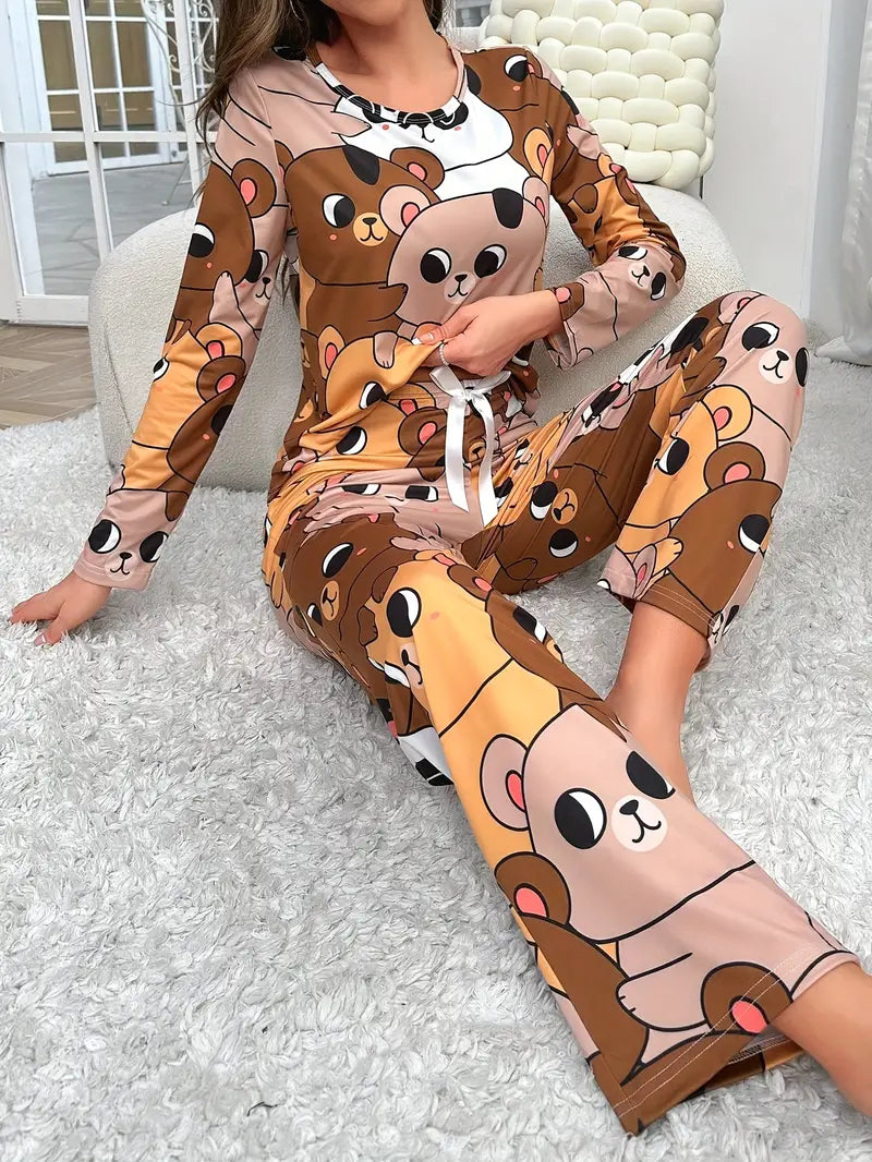 Cute Cartoon Printed Bear Pants Pajamas Set