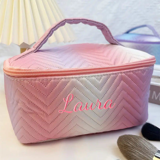 Personalized Gradient Color Quilted Makeup Bag with Embroidered Name