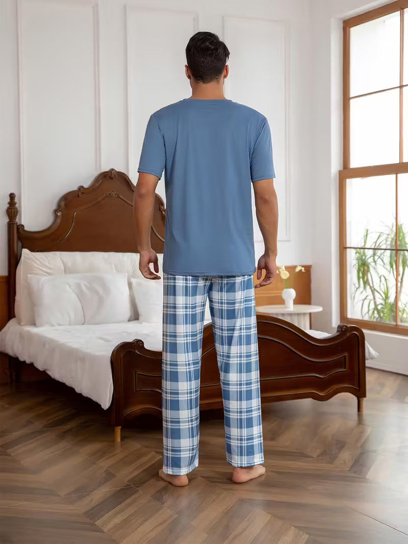 Men'S Solid Blue Short-Sleeve Pajama Set