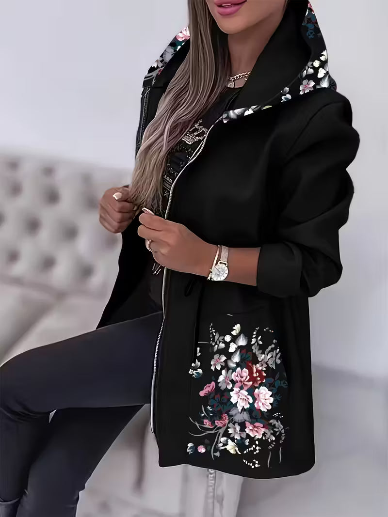 Women's Elegant Winter Floral Print Hooded Jacket