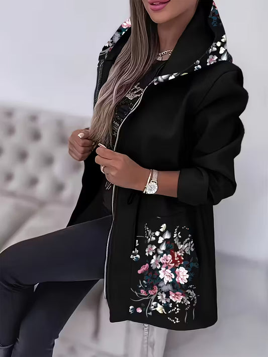 Women's Elegant Winter Floral Print Hooded Jacket