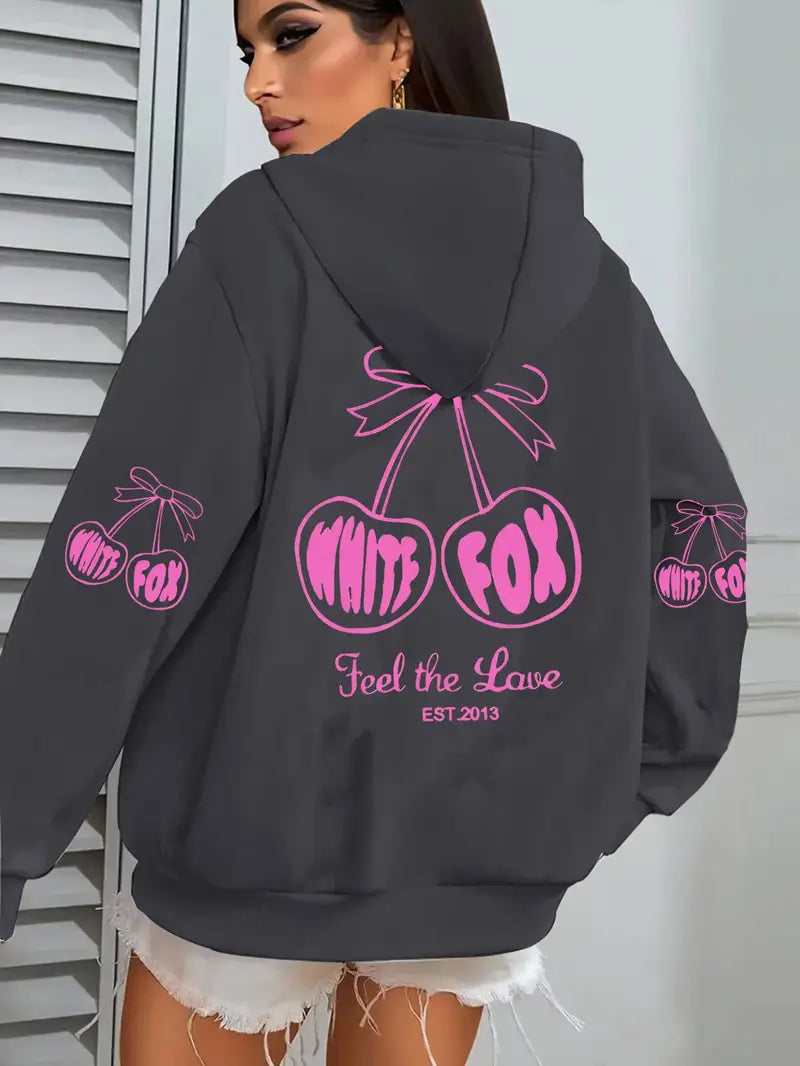 Cherry Print Hooded Zip-Up Jacket