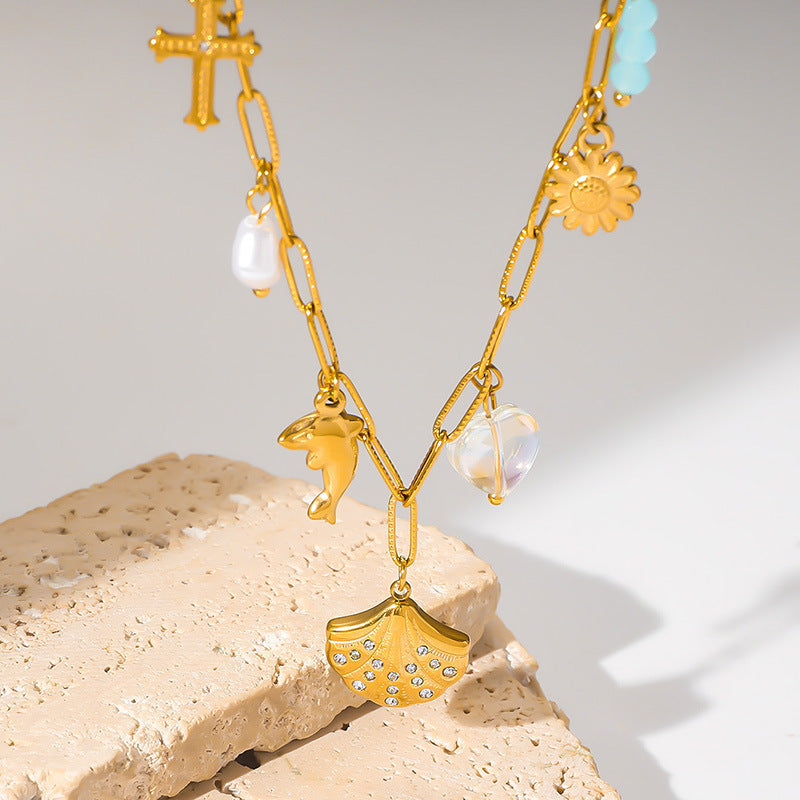 Retro Diamonds Scallop Gold-Plated Dolphin Necklace