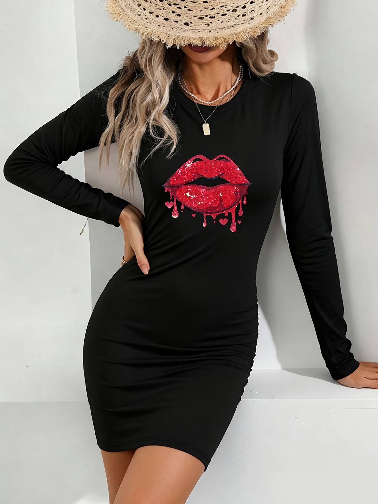 Women's Red Lip Print Bodycon Dress