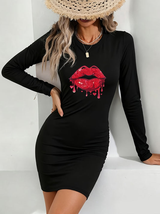 Women's Red Lip Print Bodycon Dress
