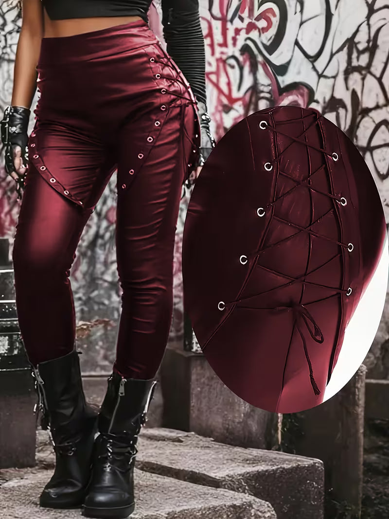 Y2K, Punk Style Lace-Up Decorative Tight Stretch Faux PU Leggings
