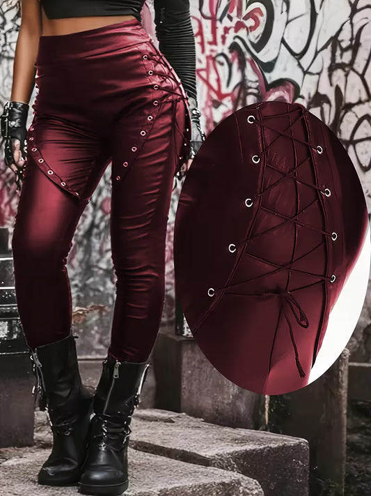 Y2K, Punk Style Lace-Up Decorative Tight Stretch Faux PU Leggings
