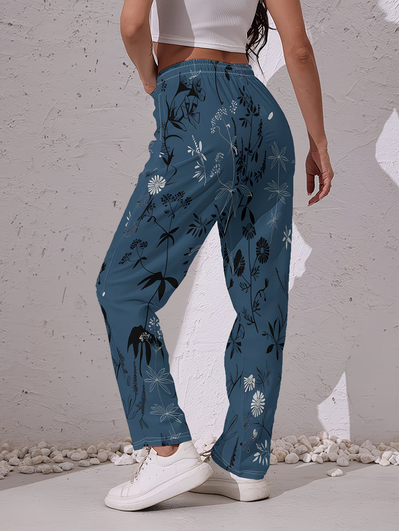 Women's Floral Print Casual Trousers | Dark Blue with Black & White Pattern