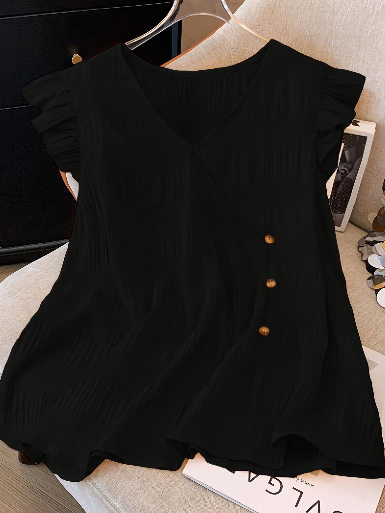 Women's Plus Size Frill Sleeve Button-Detail T-Shirt