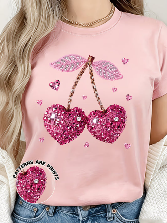 Pink Heart Cherry Print T-Shirt