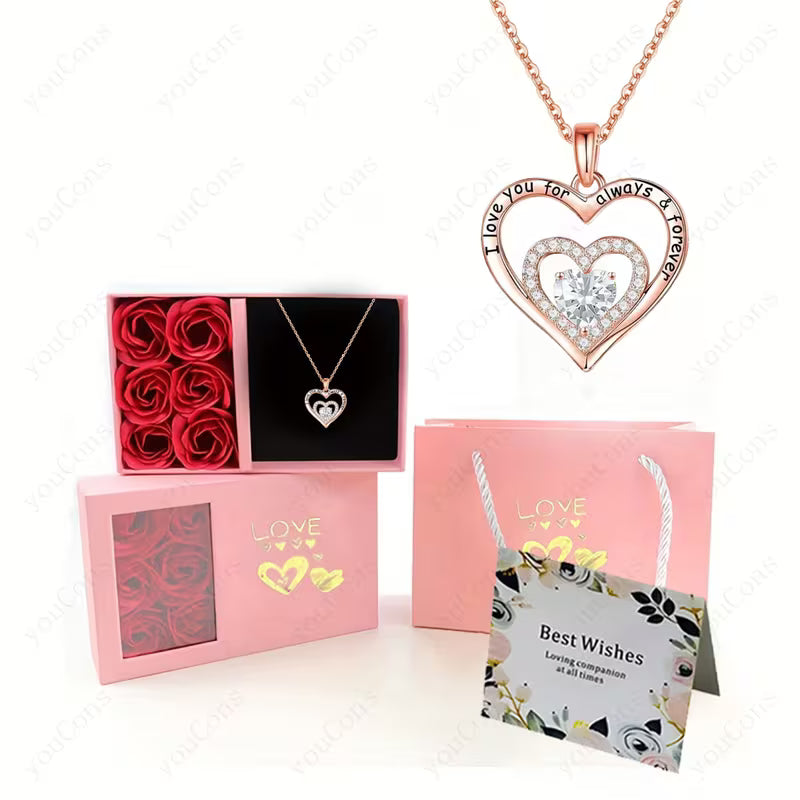 Elegant Six-Rose Pink Gift Box with Double Heart Pendant Necklace,