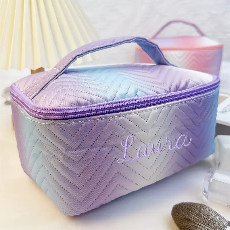 Personalized Gradient Color Quilted Makeup Bag with Embroidered Name