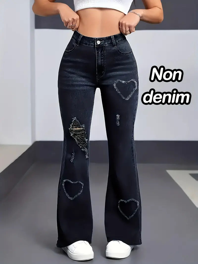 Women'S Elegant Black & Gray Heart Pattern Flare Jeans