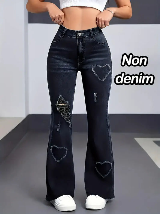 Women'S Elegant Black & Gray Heart Pattern Flare Jeans