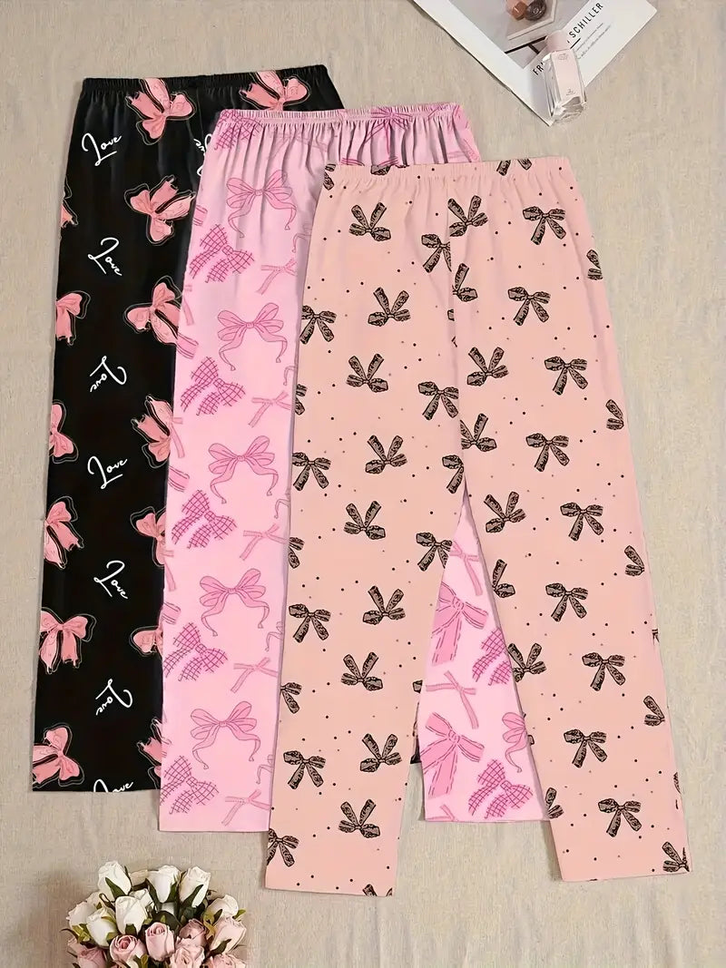 3pcs Women'S High-Waisted Bow Print Sleep Pants