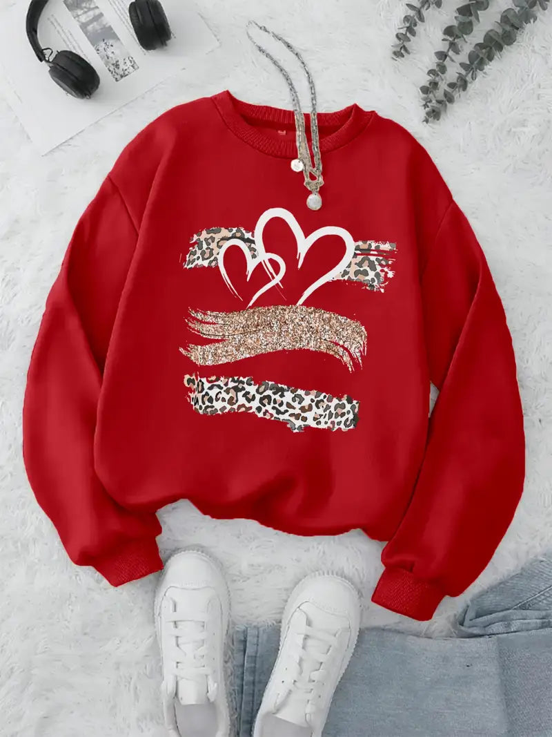 Trendy Oversized sweater  with Heart & Leopard Print -