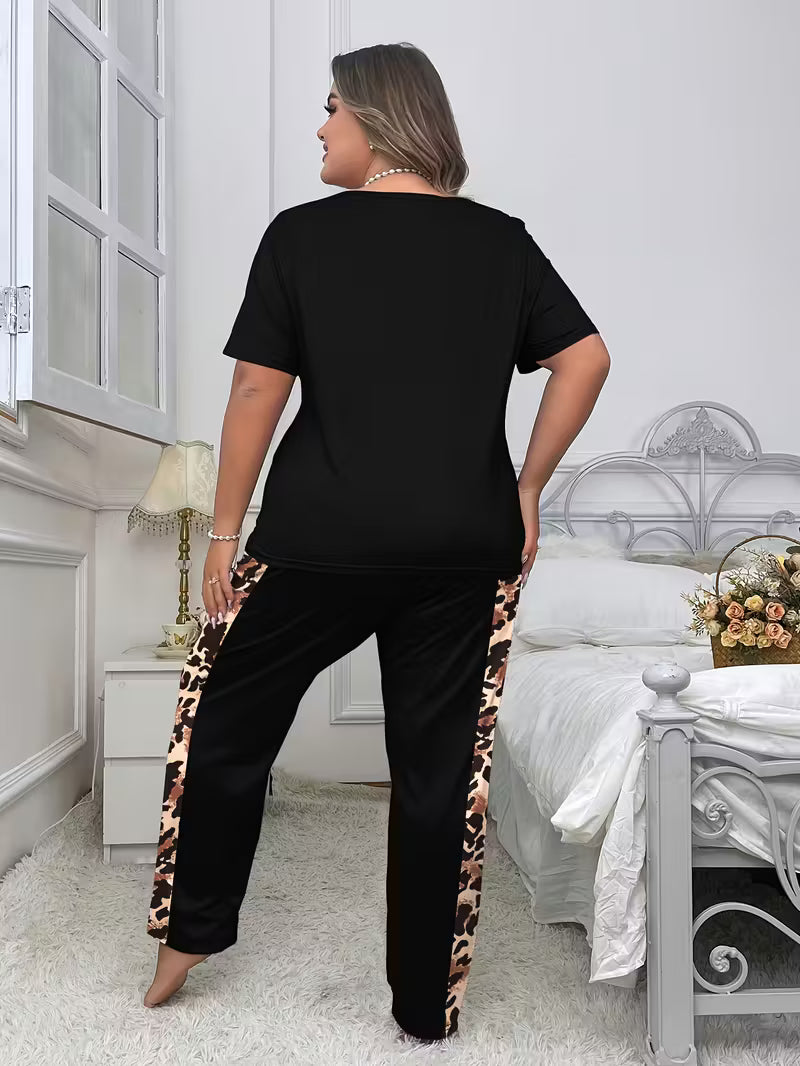 Women's Plus Size 2pcs Leopard Print Pajama Set