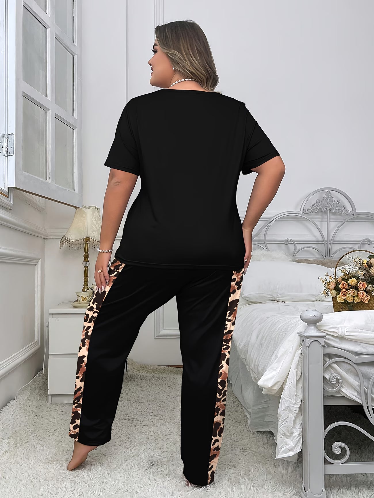 Women's Plus Size 2pcs Leopard Print Pajama Set