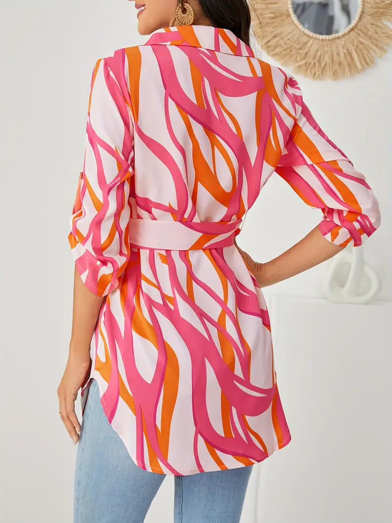 Elegant Long Sleeve Geo Print Button Front Belted Shirt,