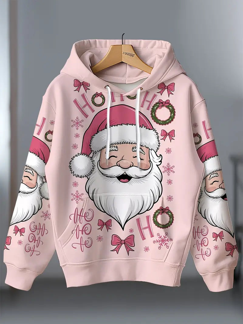 , Women's Plus Size Oversized Pink Christmas Hooded Sweatshirt