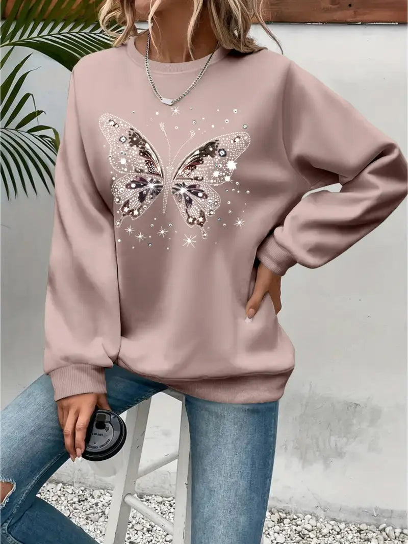 Women'S Cozy Pink Butterfly Print Sweatshirt