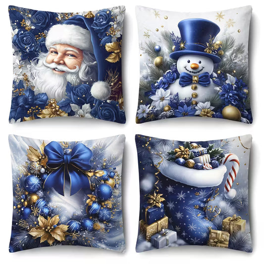 4pcs Merry Christmas Ball Floral Snowflake Wreath Polyester Pillow Covers