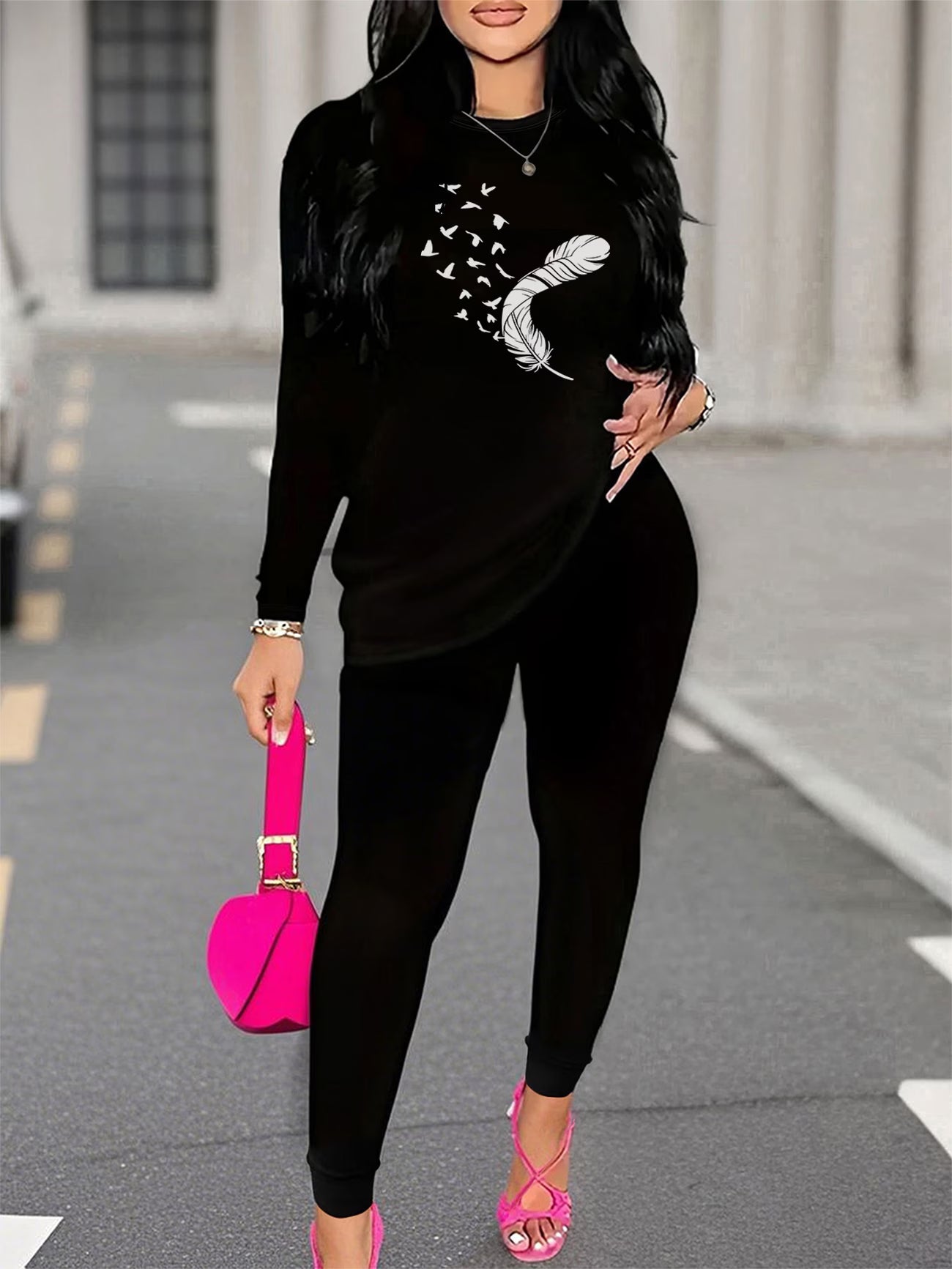 Casual Fashion Pattern Print, Women's Round Neck Long Sleeve Top + Pants 2pcs Set