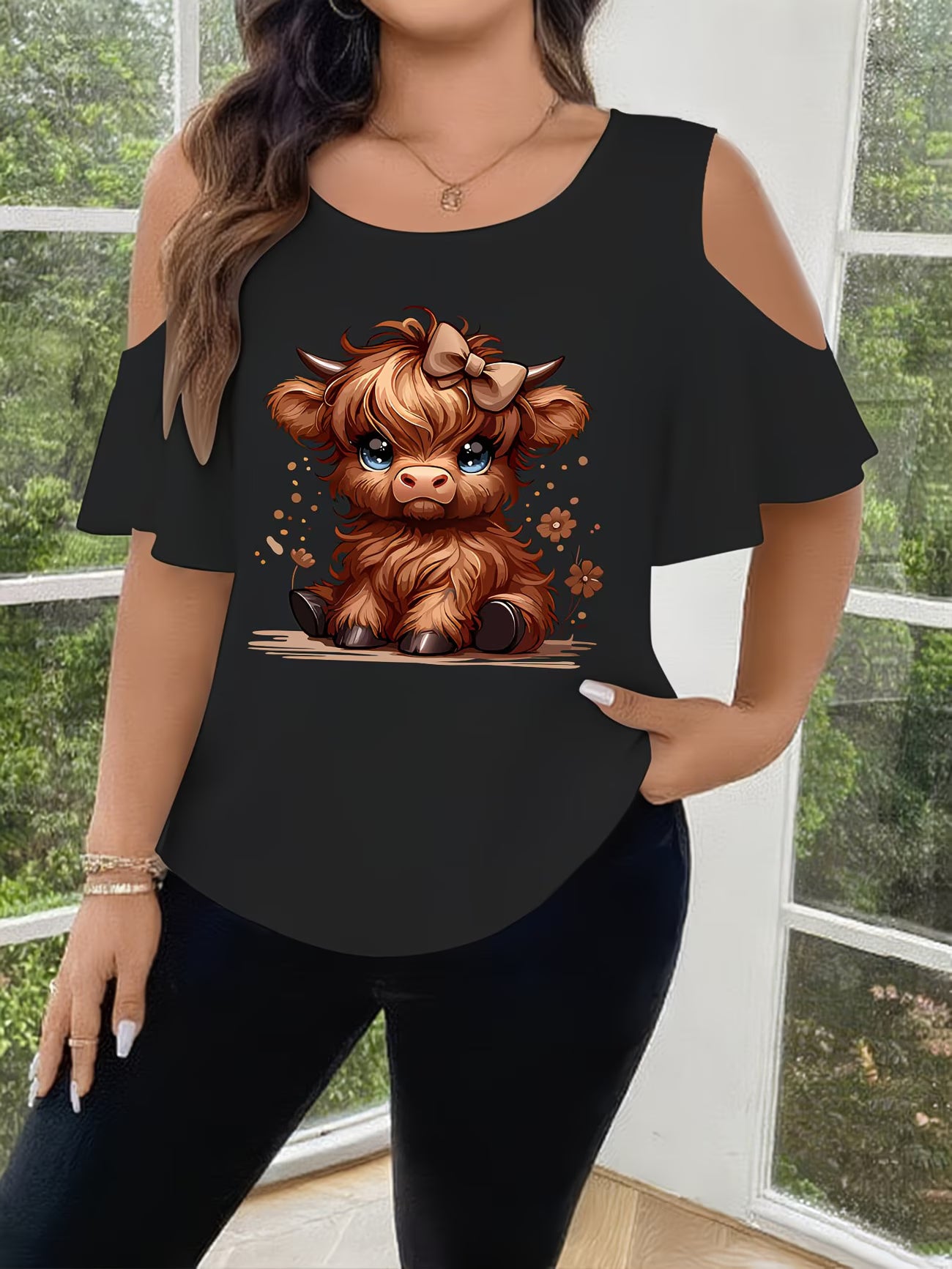 Off-Shoulder Batwing Short-Sleeve Breathable And Comfortable Printed Fashion Top for Plus-Size