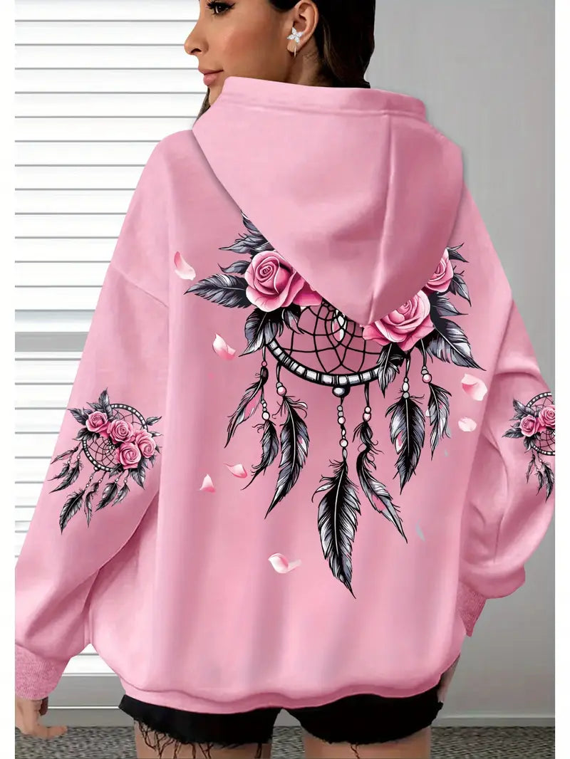 Women's Oversized Hoodie with Floral Turtle Graphic Print
