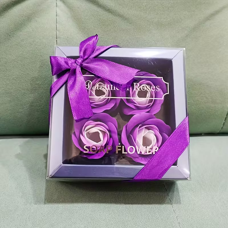 4pcs Rose Soap Flower Gift Box with Red Ribbon