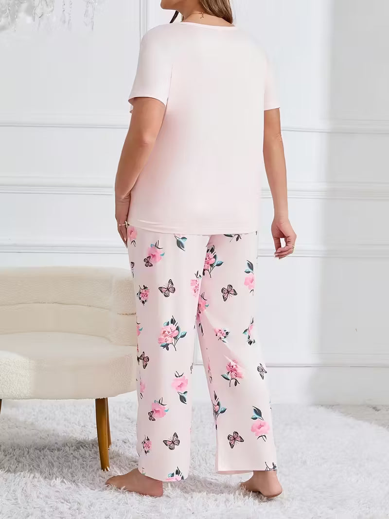 Plus Size Cartoon Sweet Butterfly Print Pajama Set