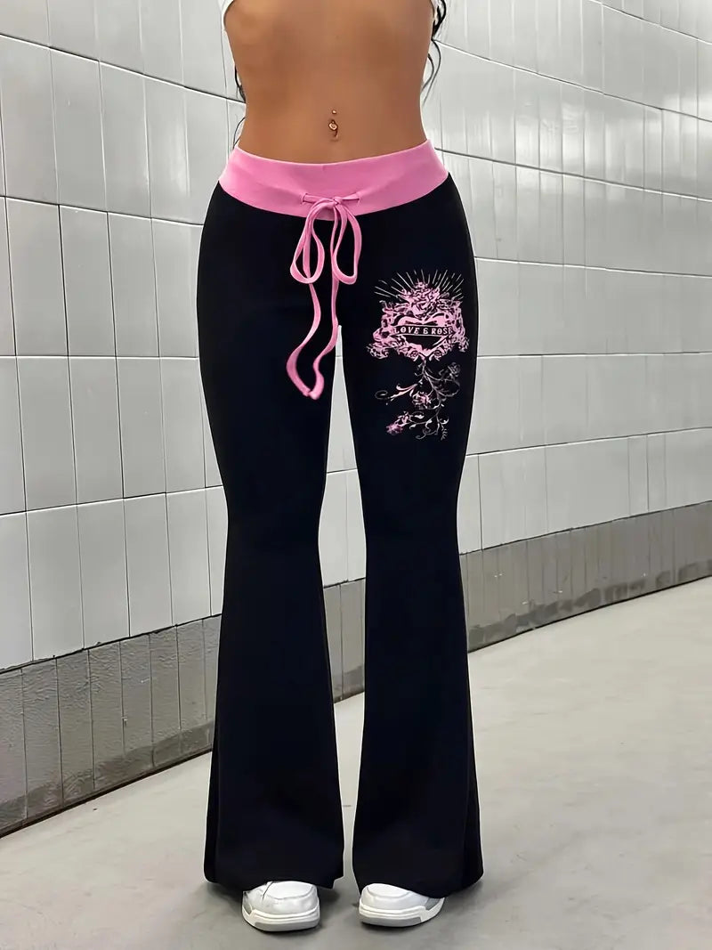 Women'S Black & Pink Accent Flared Pants